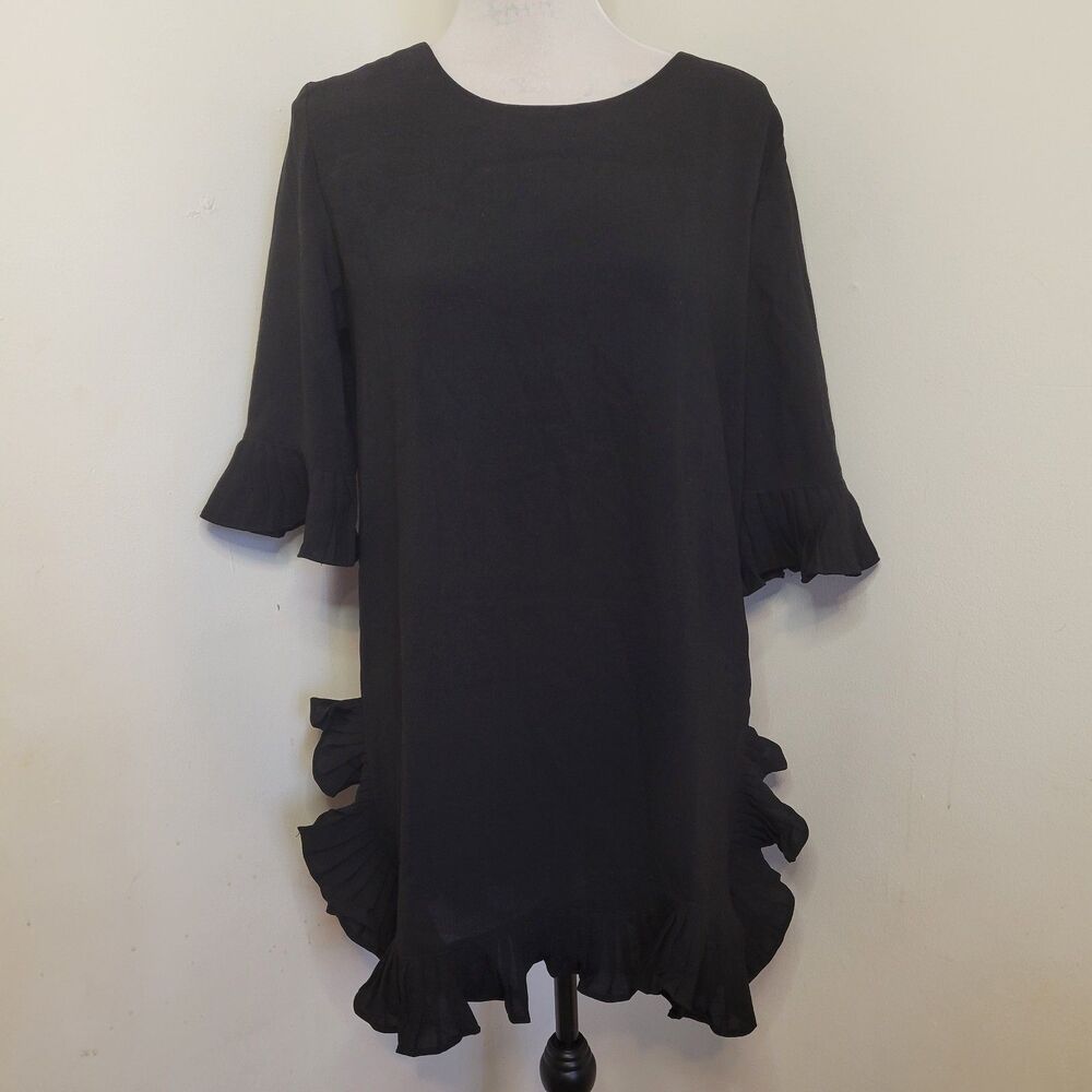Auchan-AI Women’s Black Ruffle Dress Size Small NWT Round Neck 3/4 Sleeve Cotton